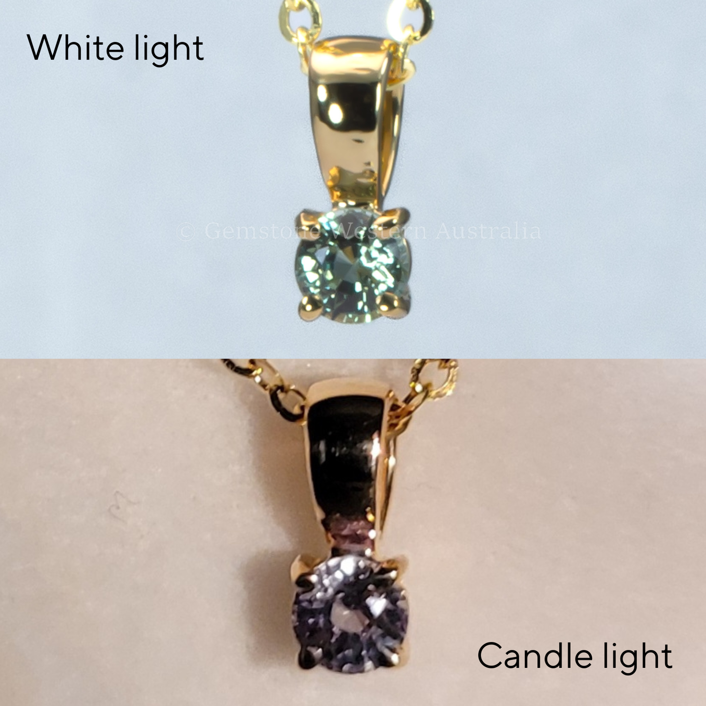 view of gold pendant with alexandrite gemstone under white light and under candle light 