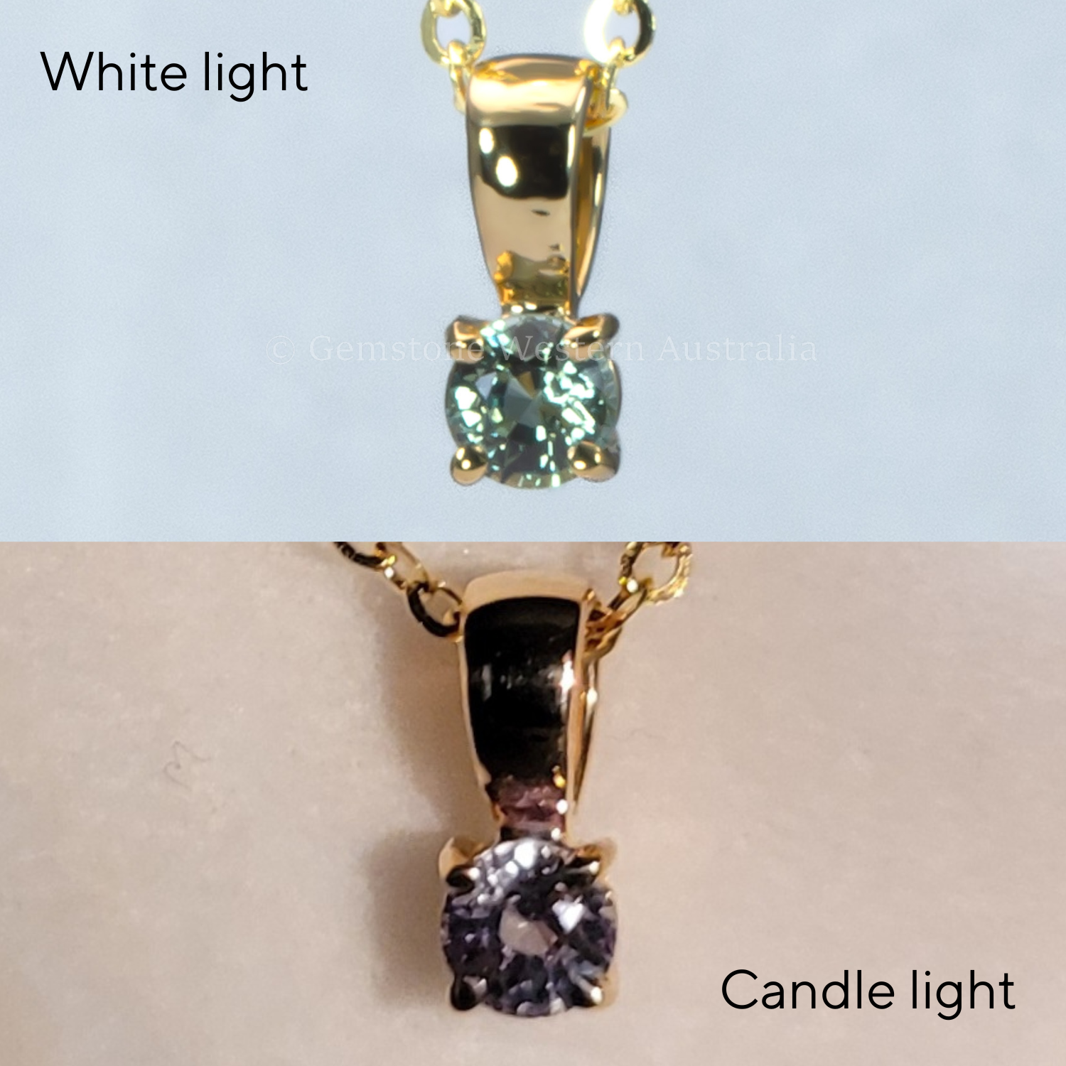 view of gold pendant with alexandrite gemstone under white light and under candle light 