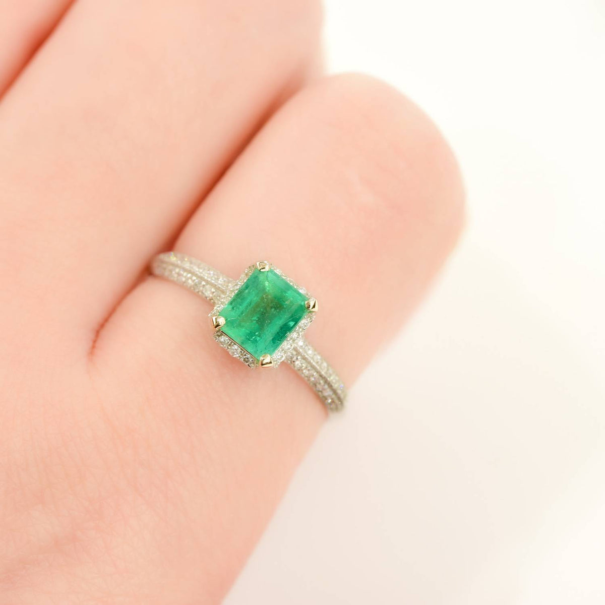 1.30tct Colombian Emerald and Micro-Pave Diamonds Halo Ring
