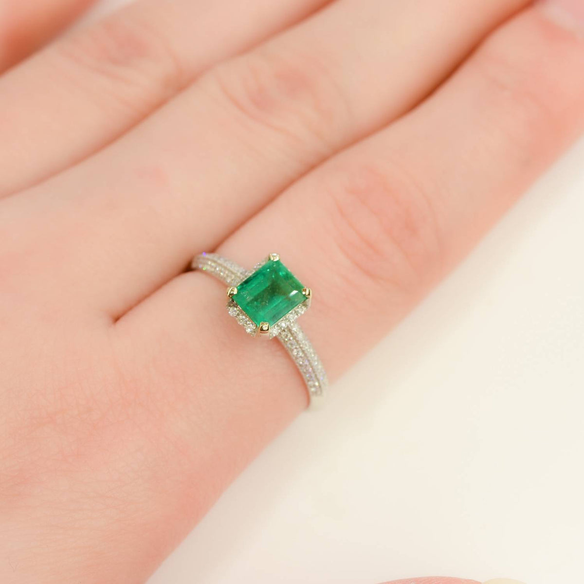 1.30tct Colombian Emerald and Micro-Pave Diamonds Halo Ring