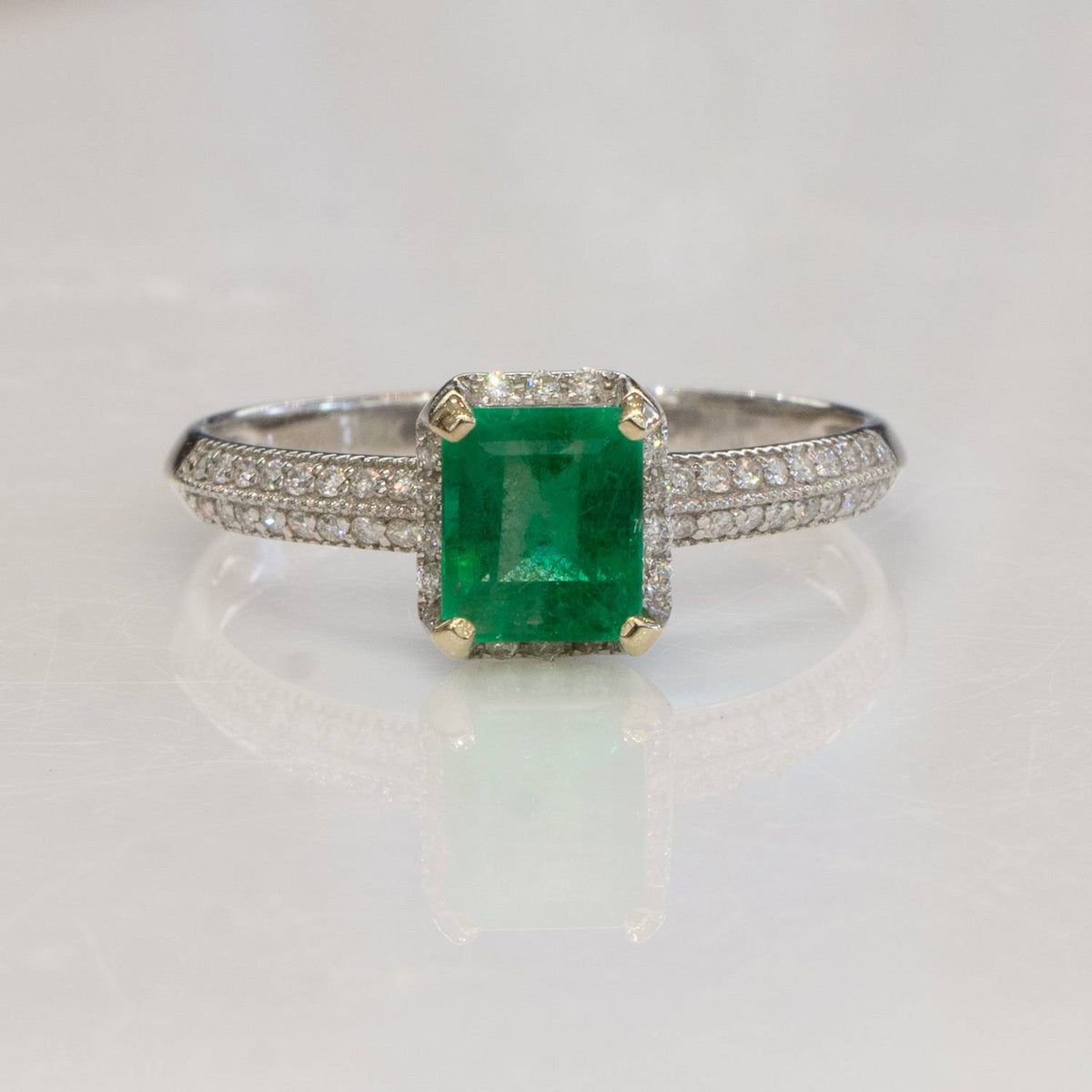 1.30tct Colombian Emerald and Micro-Pave Diamonds Halo Ring