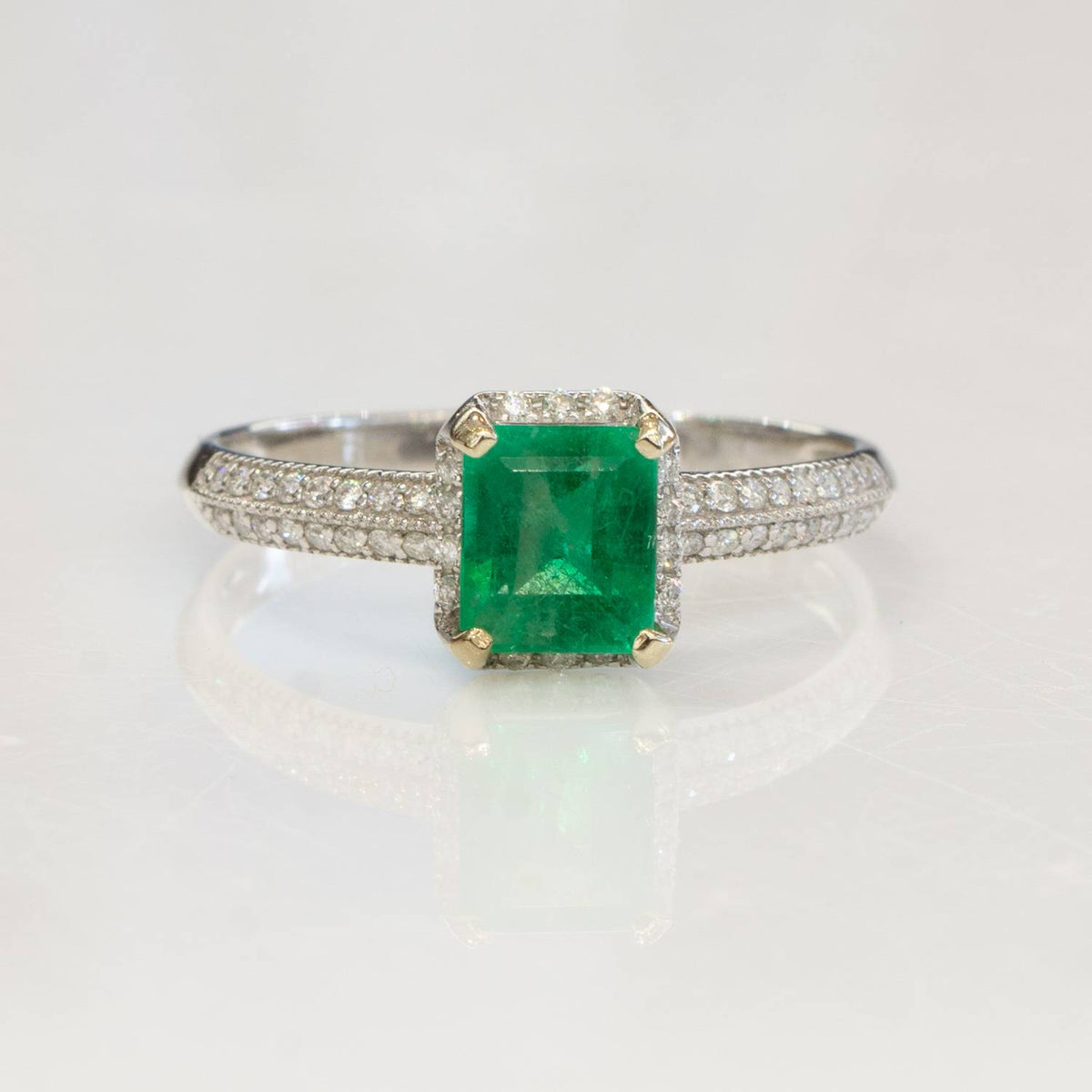 1.30tct Colombian Emerald and Micro-Pave Diamonds Halo Ring