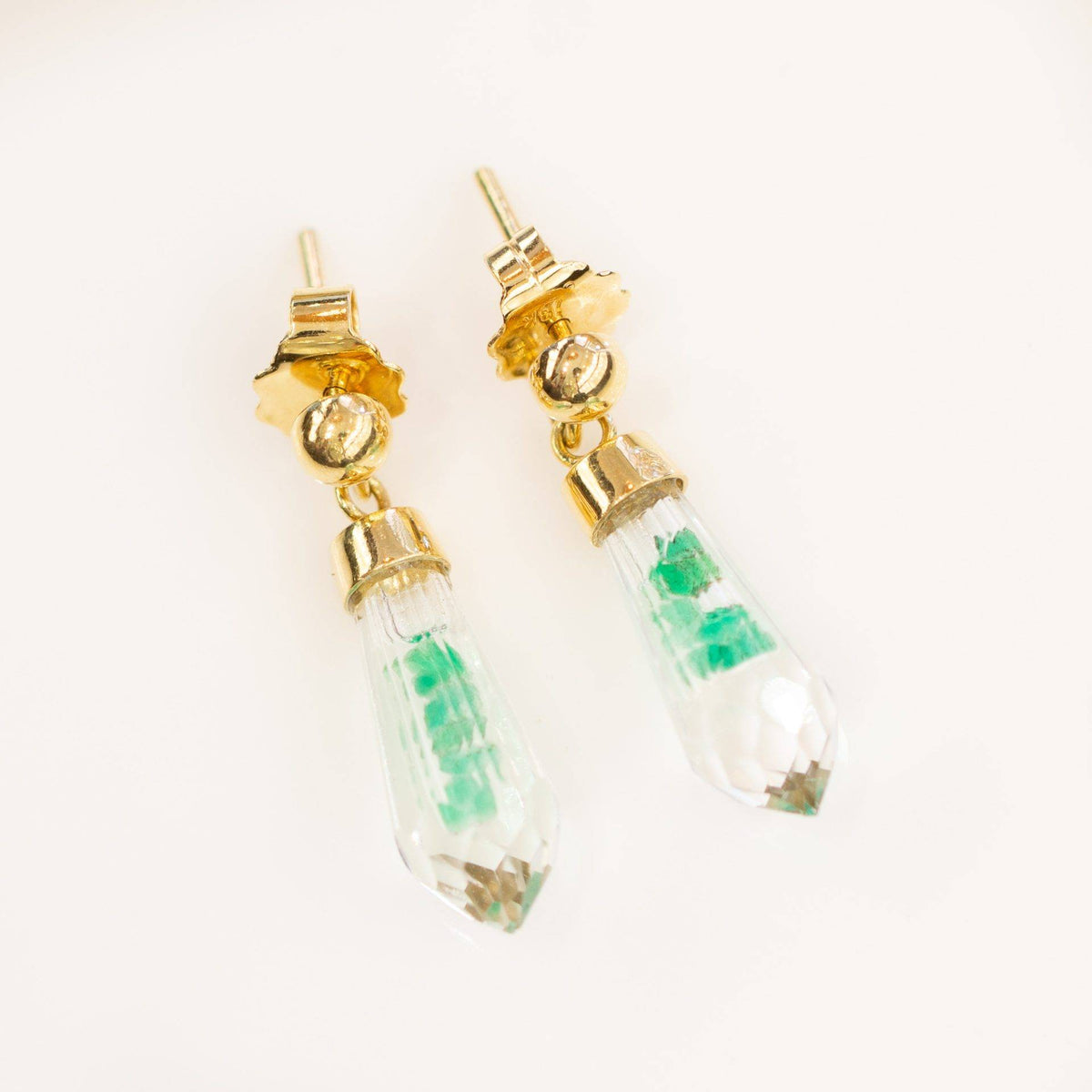 Colombian Emerald Crystal Quartz Dangle Earrings in 18K Gold