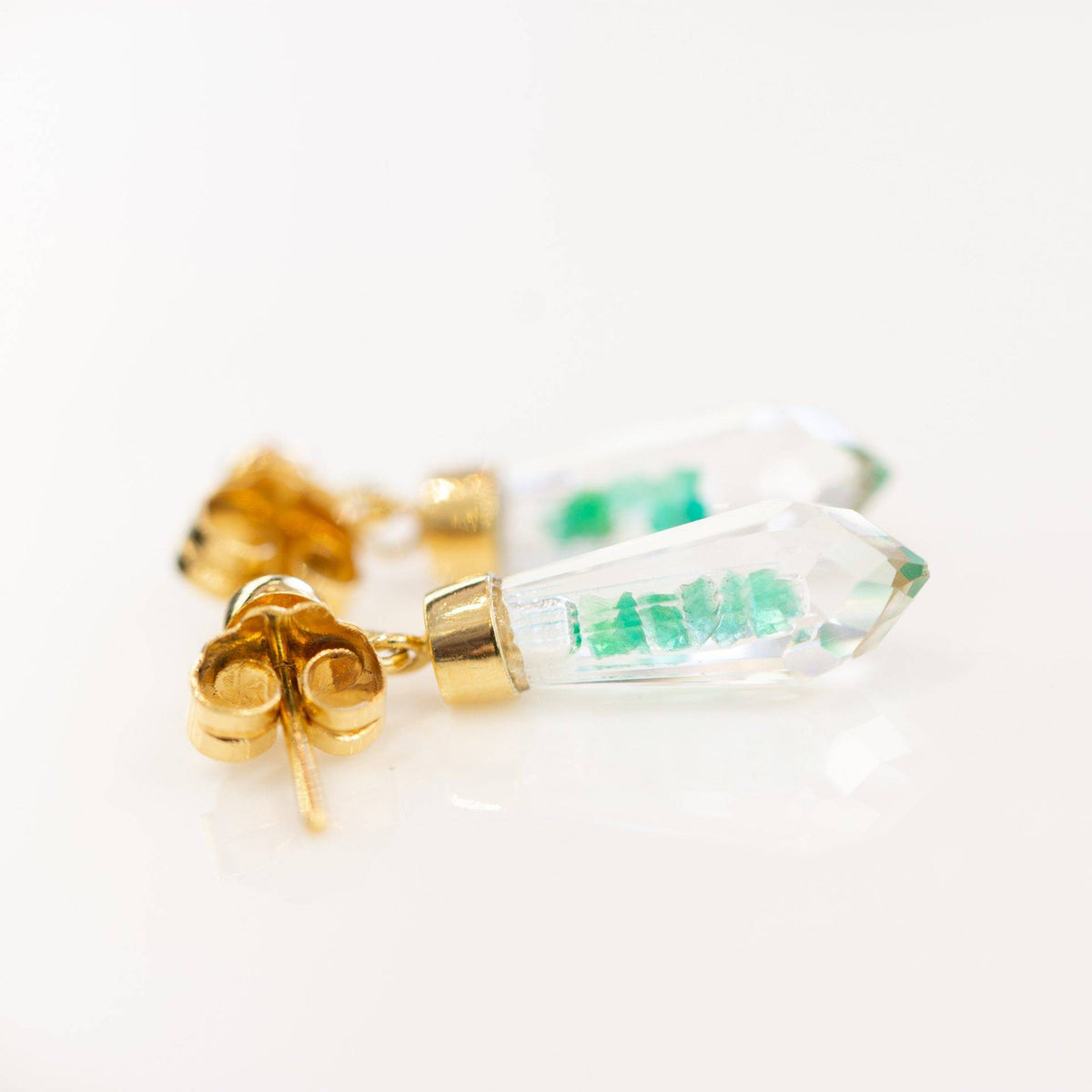 Colombian Emerald Crystal Quartz Dangle Earrings in 18K Gold