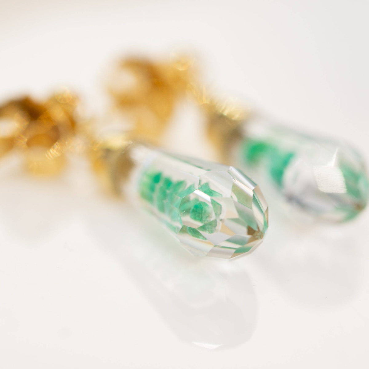 Colombian Emerald Crystal Quartz Dangle Earrings in 18K Gold
