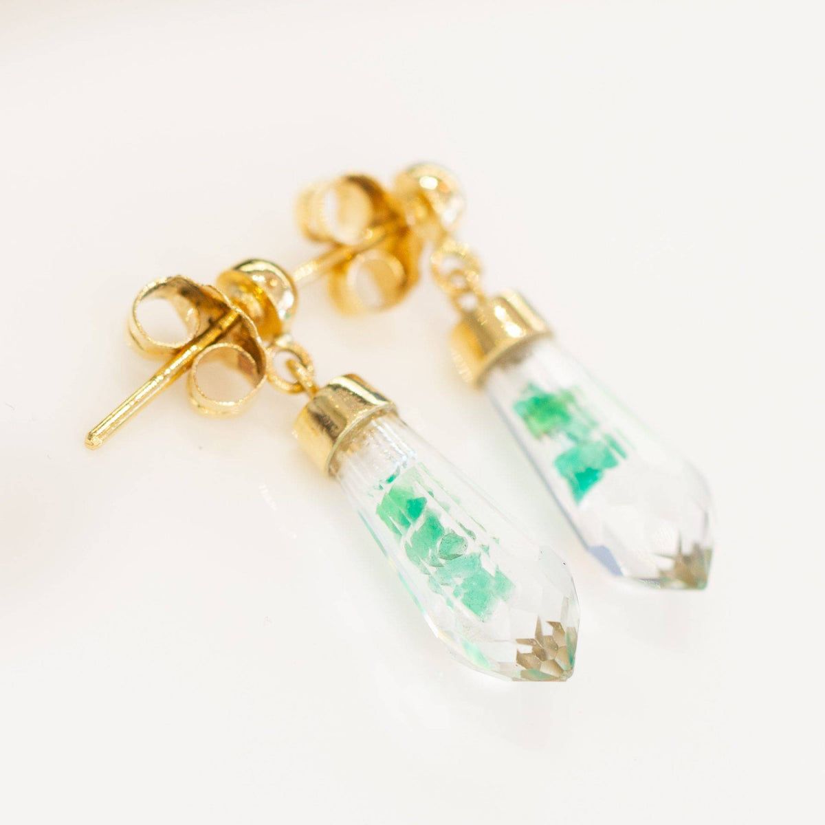 Colombian Emerald Crystal Quartz Dangle Earrings in 18K Gold