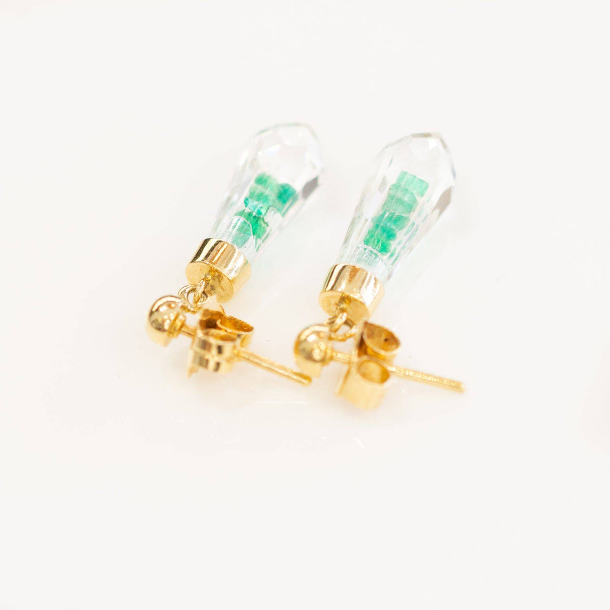 Colombian Emerald Crystal Quartz Dangle Earrings in 18K Gold