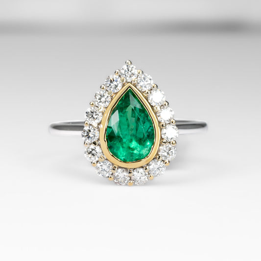 Colombian Pear Emerald Halo Ring 1.17ct in 18K White & Yellow Gold in white background