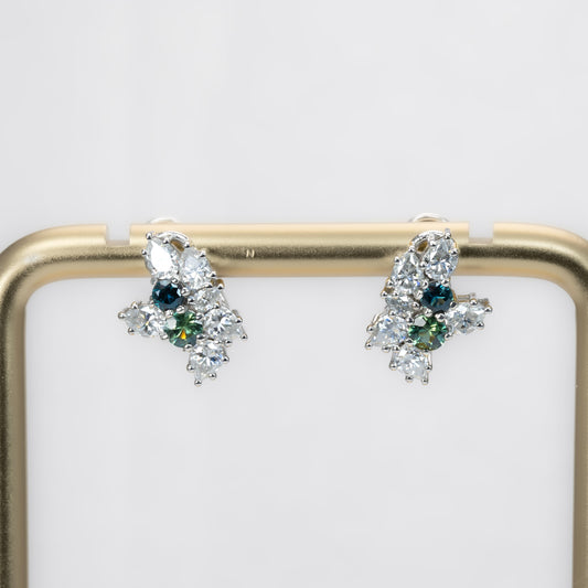 Australian Teal Sapphire & Moissanite Cluster Earrings on golden stand