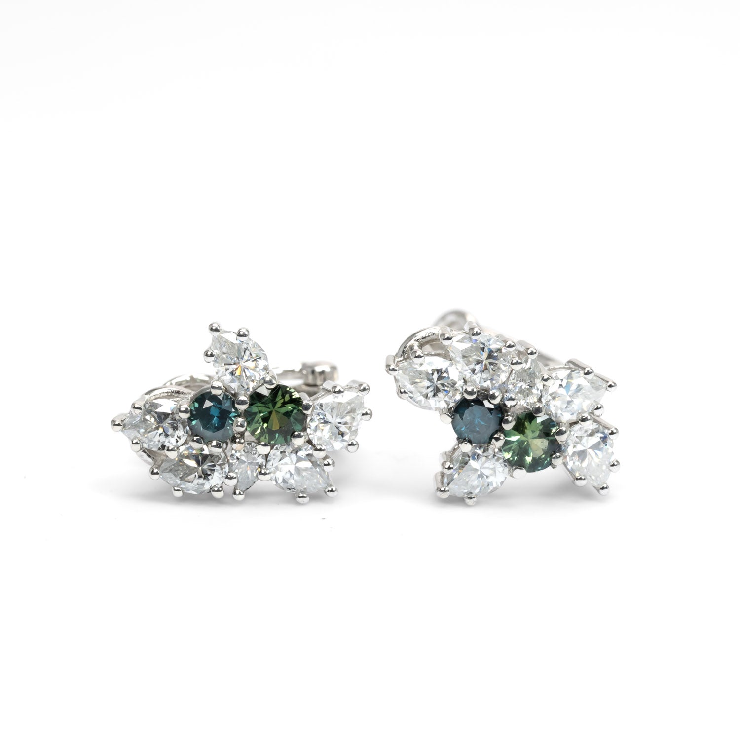 Australian Teal Sapphire & Moissanite Cluster Earrings in white background