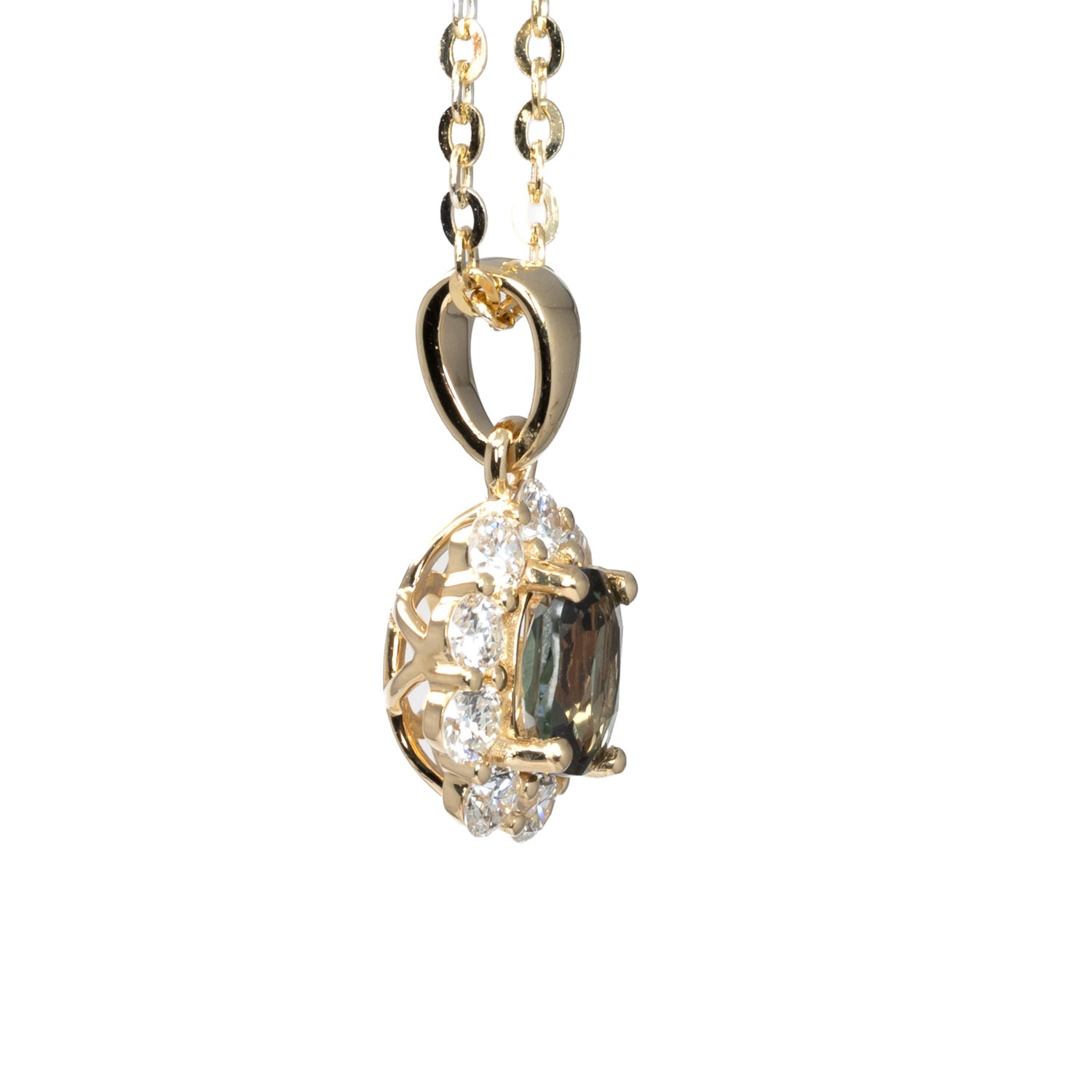 side view of Natural Alexandrite Halo Pendant 0.34ct Oval Cut in 18K Yellow Gold in neutral background 