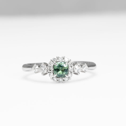 front view of Natural Alexandrite and Diamond Halo Ring in 18K Yellow Gold in white background