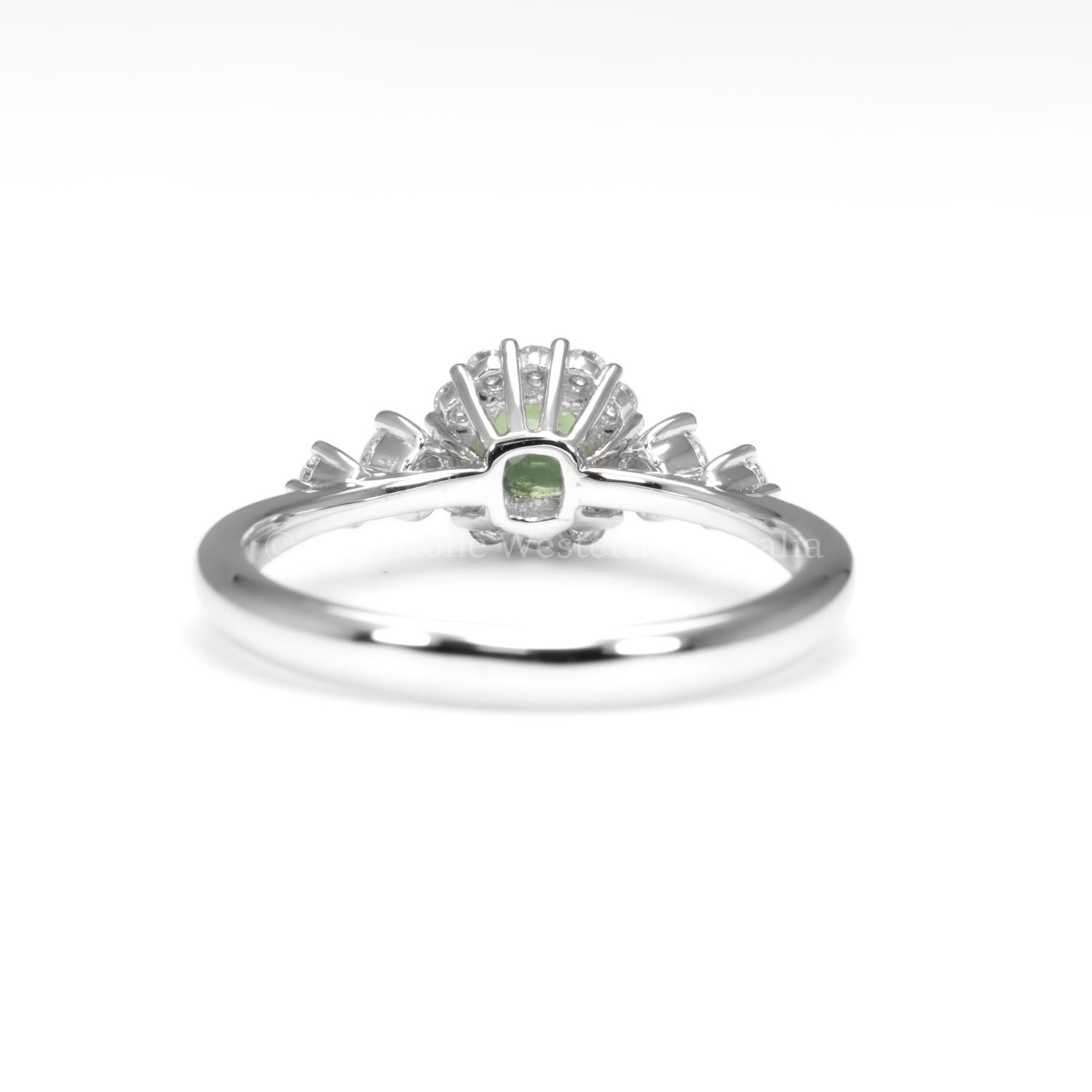 back view of Natural Alexandrite and Diamond Halo Ring in 18K Yellow Gold in white background