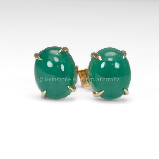 Colombian Emerald Cabochon Stud Earrings in 18K Yellow Gold in white background