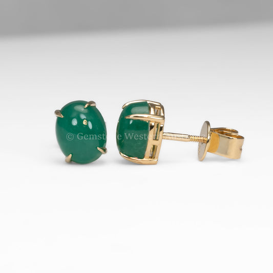 front and side view of Colombian Emerald Cabochon Stud Earrings in 18K Yellow Gold in white background