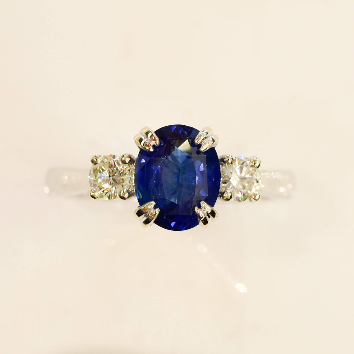 Cornflower Blue Sapphire and Diamond Three Stone Ring 18K Gold