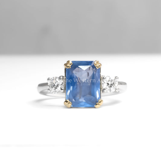 front view of Unheated Blue Sapphire and Diamond Ring in Platinum and 18K Gold – 4.60ct Centre Stone in neutral background 