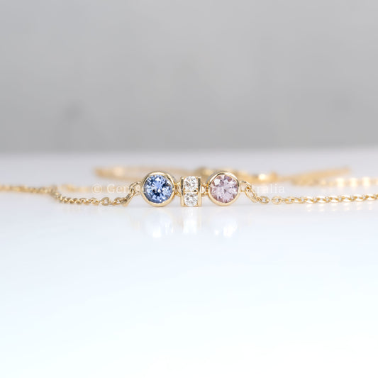 front view of Pink Sapphire & Purple Blue Sapphire Diamond Pendant in 18K Yellow Gold in neutral background