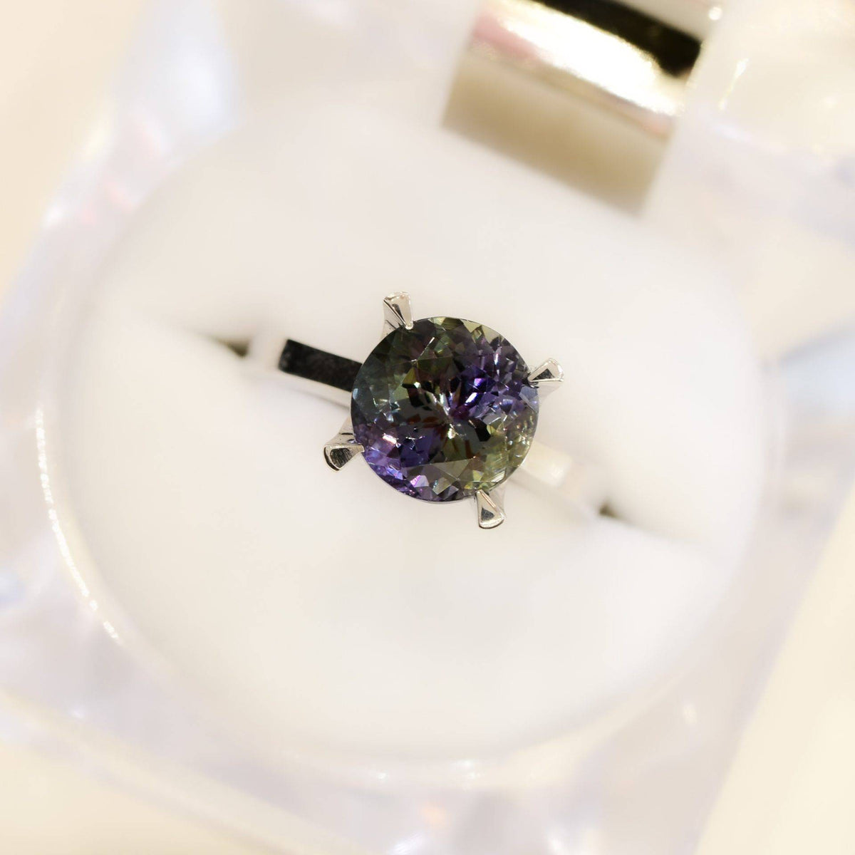 Teal Tanzanite Solitaire Ring 18K White Gold