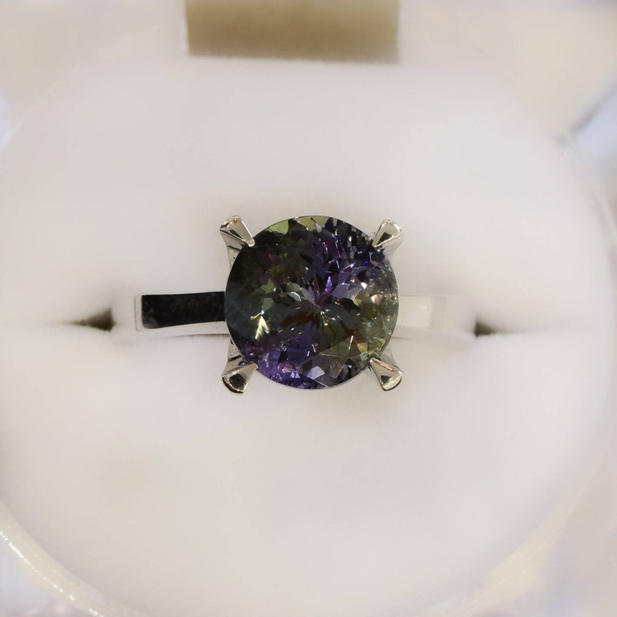 Teal Tanzanite Solitaire Ring 18K White Gold