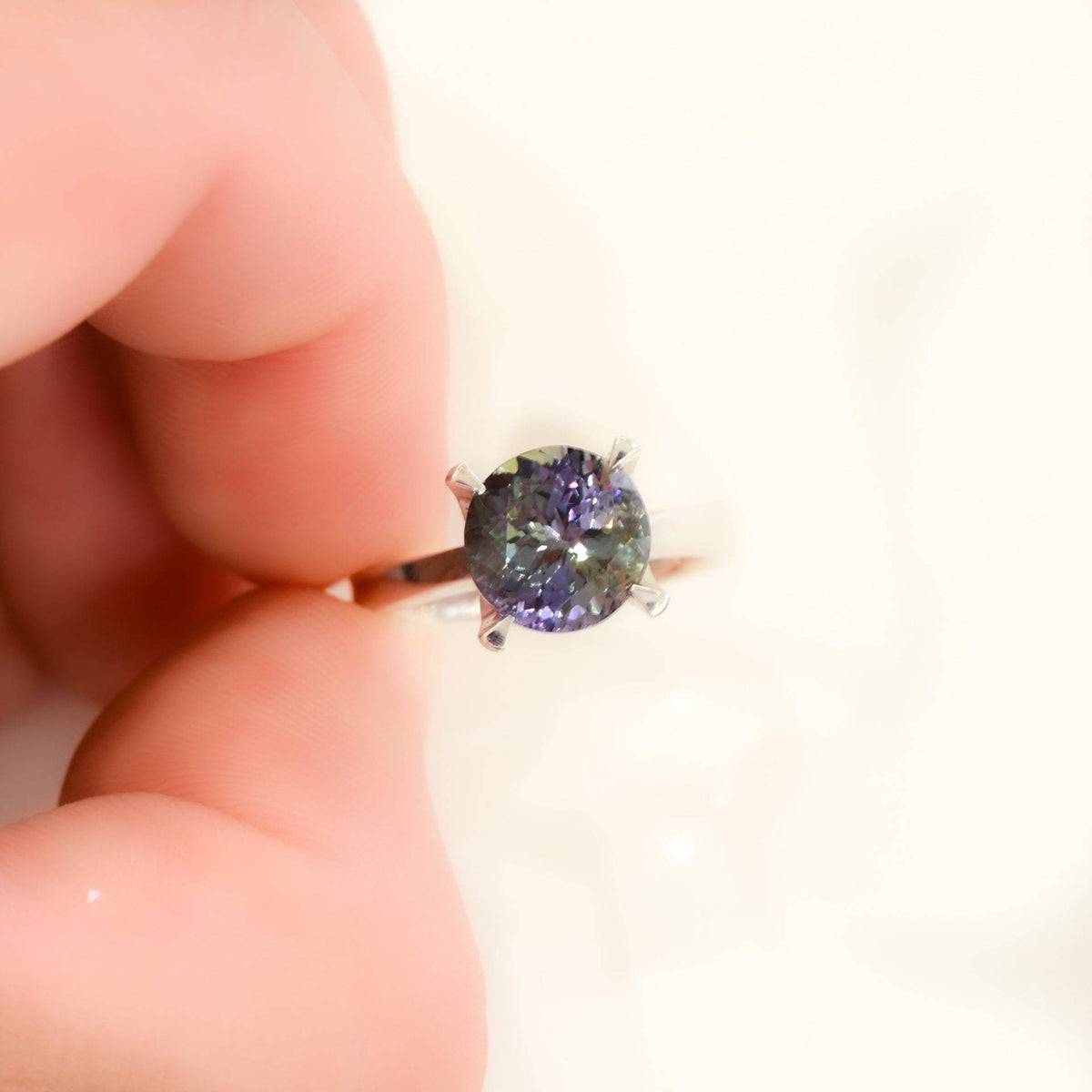 Teal Tanzanite Solitaire Ring 18K White Gold