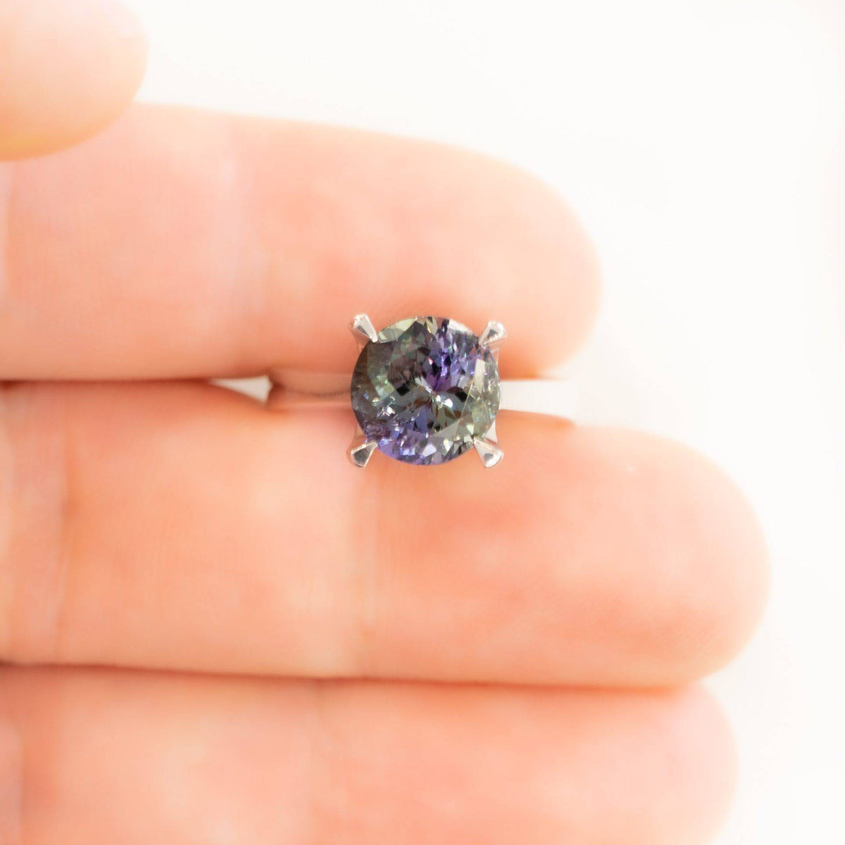 Teal Tanzanite Solitaire Ring 18K White Gold