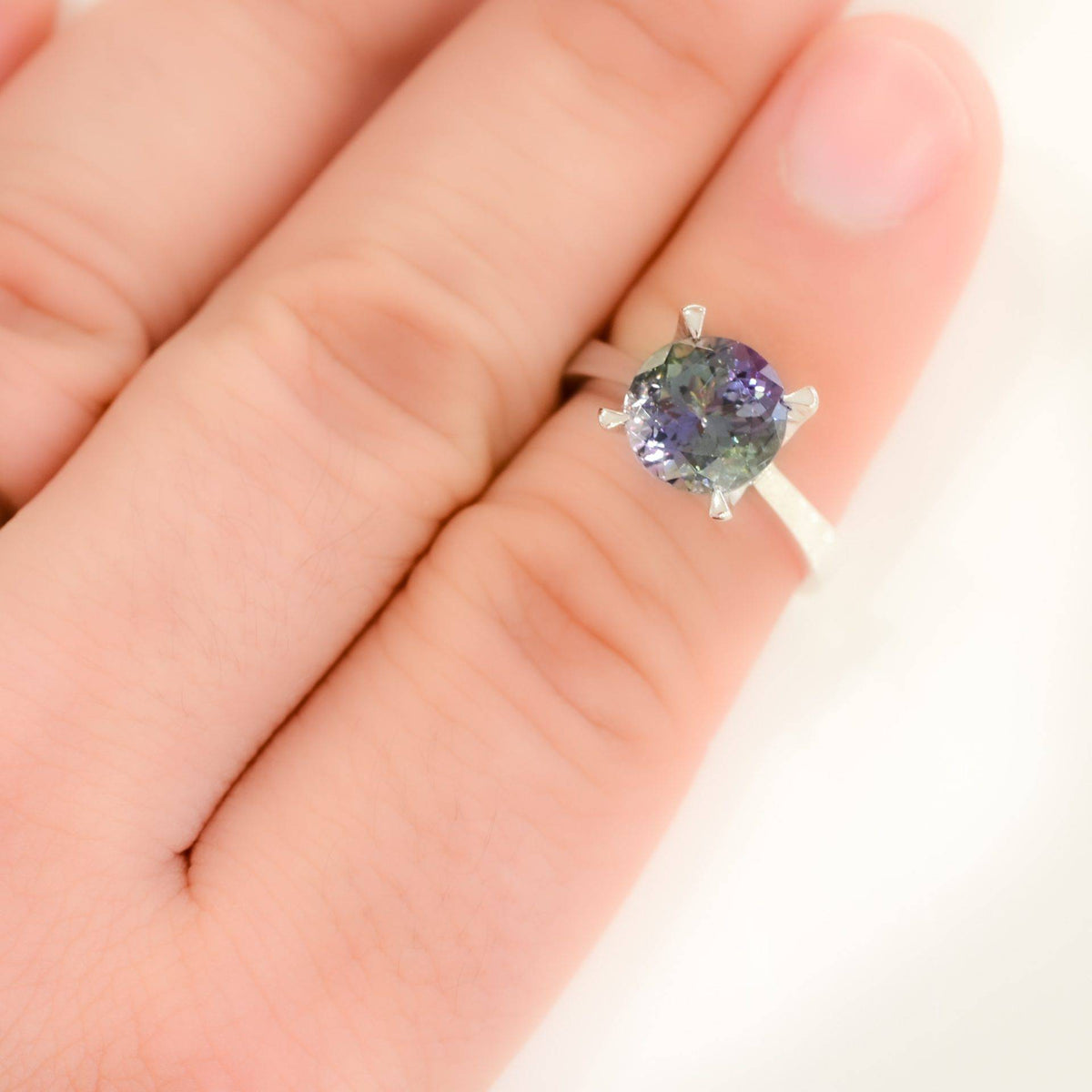 Teal Tanzanite Solitaire Ring 18K White Gold