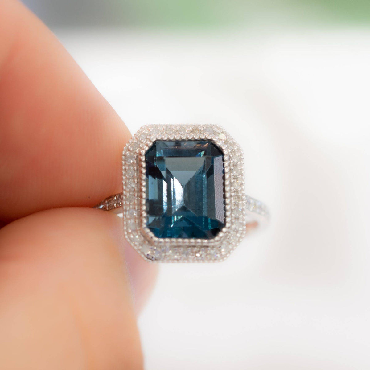 London Blue Topaz Diamond Halo Ring 18K Gold