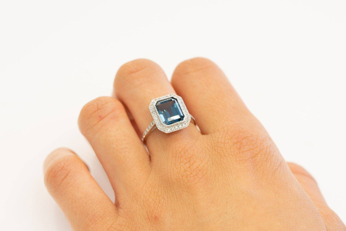 London Blue Topaz Diamond Halo Ring 18K Gold