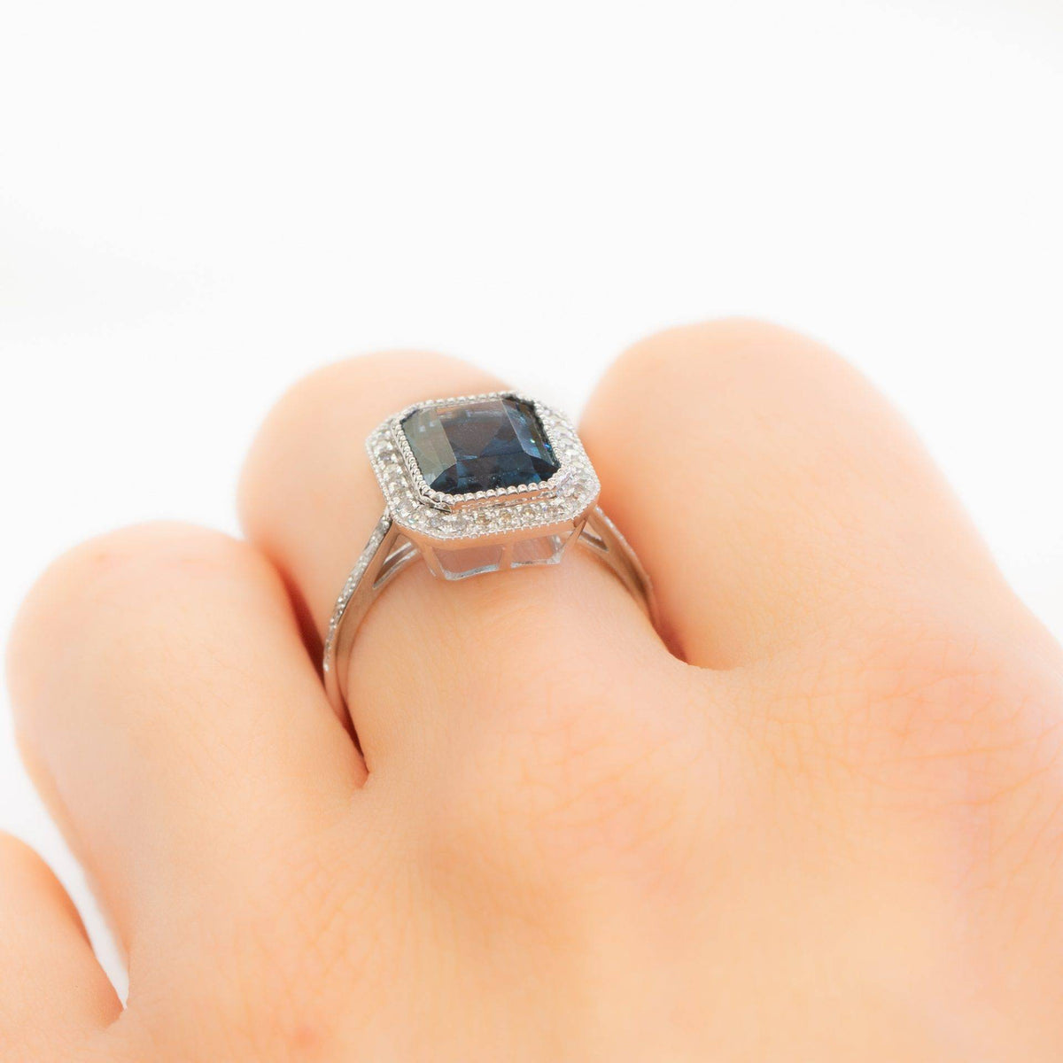 London Blue Topaz Diamond Halo Ring 18K Gold