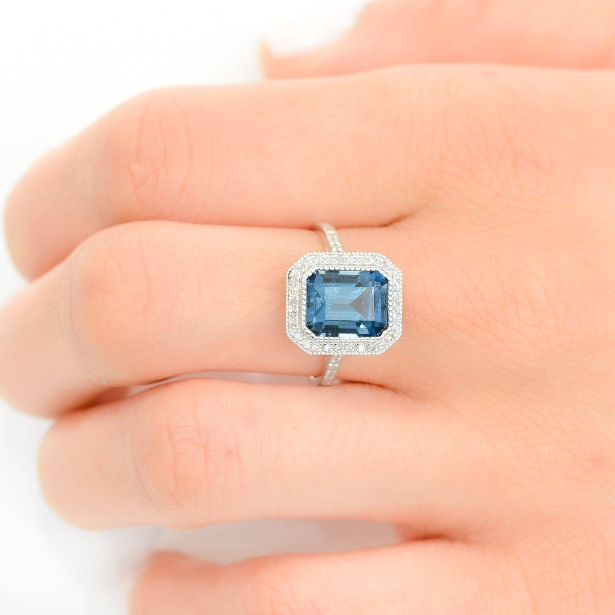 London Blue Topaz Diamond Halo Ring 18K Gold