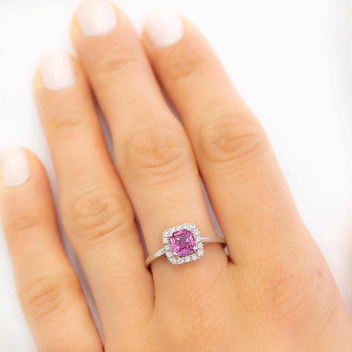 Unheated Natural Pink Sapphire Halo Ring in 18K Gold