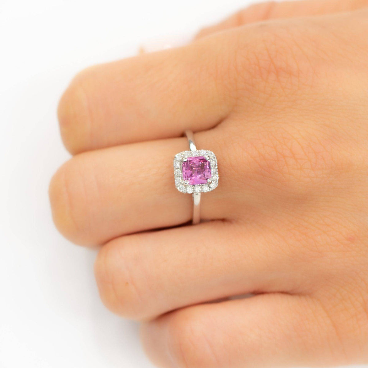Unheated Natural Pink Sapphire Halo Ring in 18K Gold