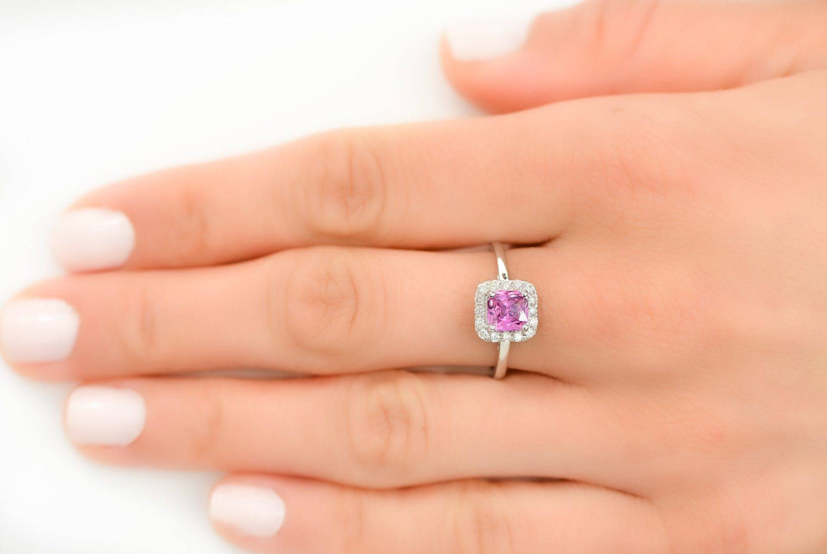 Unheated Natural Pink Sapphire Halo Ring in 18K Gold