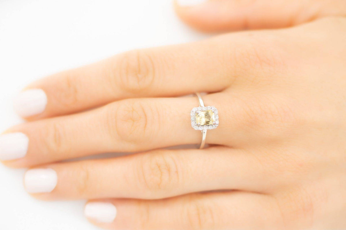 Yellow Sapphire Halo Engagement Ring 18K White Gold