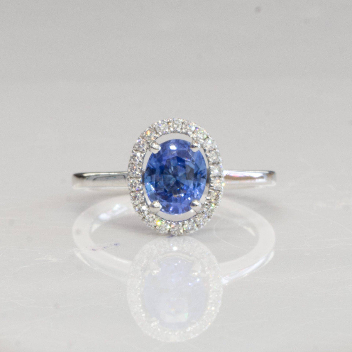 1.51ct Ceylon Sapphire Diamond Halo Ring - Cornflower Blue Sapphire