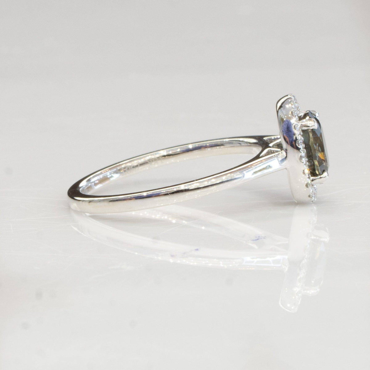 Olive Green Sapphire Halo Ring 18K White Gold