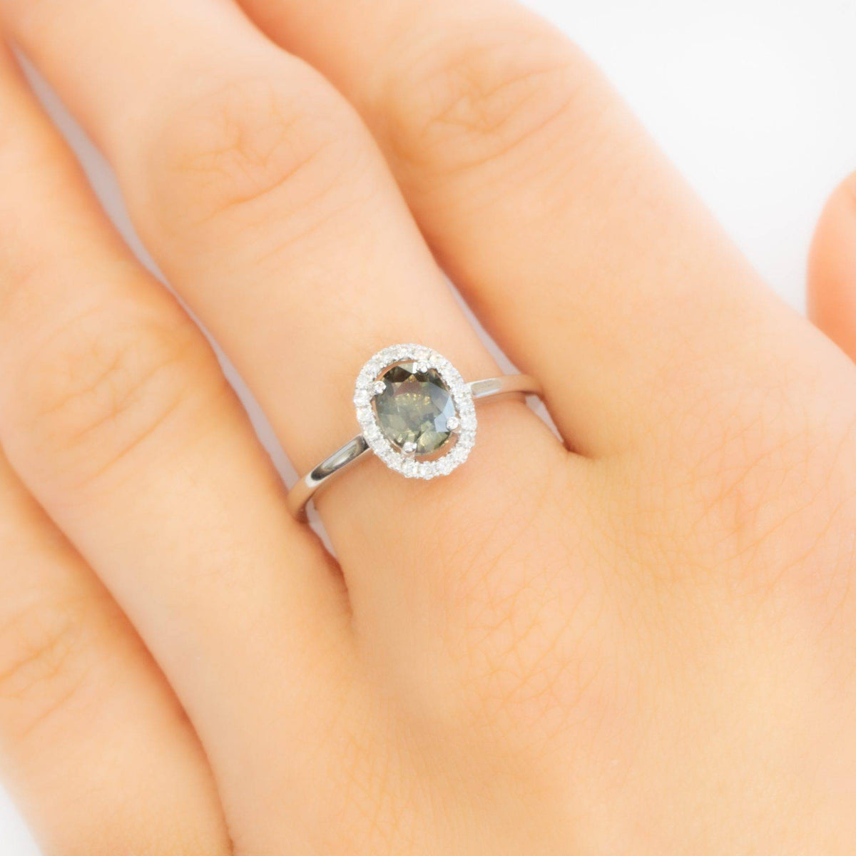 Olive Green Sapphire Halo Ring 18K White Gold