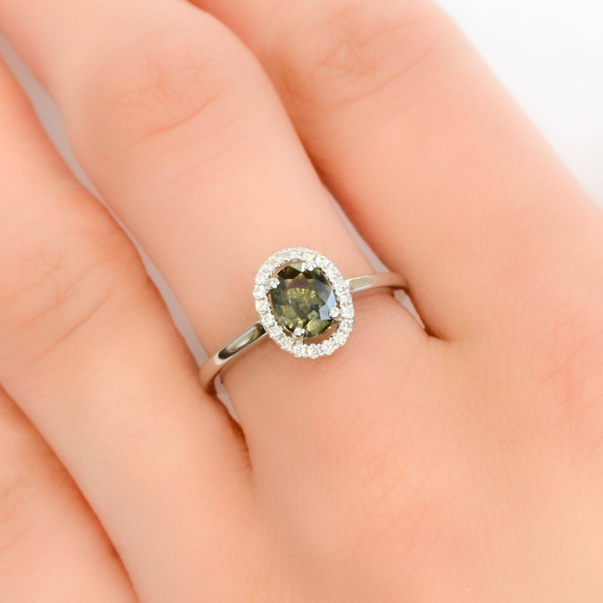 Olive Green Sapphire Halo Ring 18K White Gold