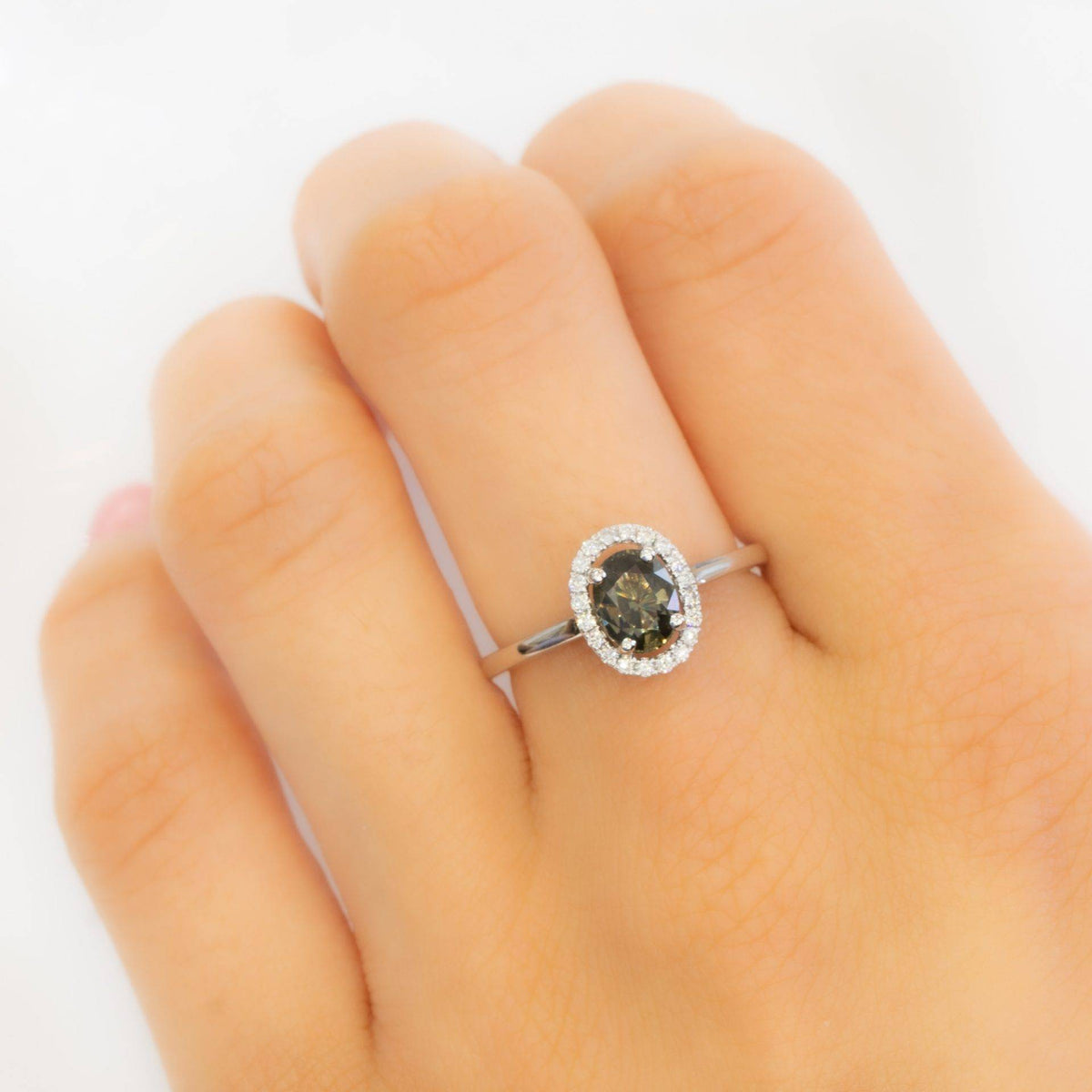 Olive Green Sapphire Halo Ring 18K White Gold