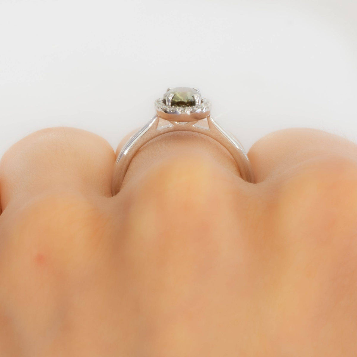 Olive Green Sapphire Halo Ring 18K White Gold