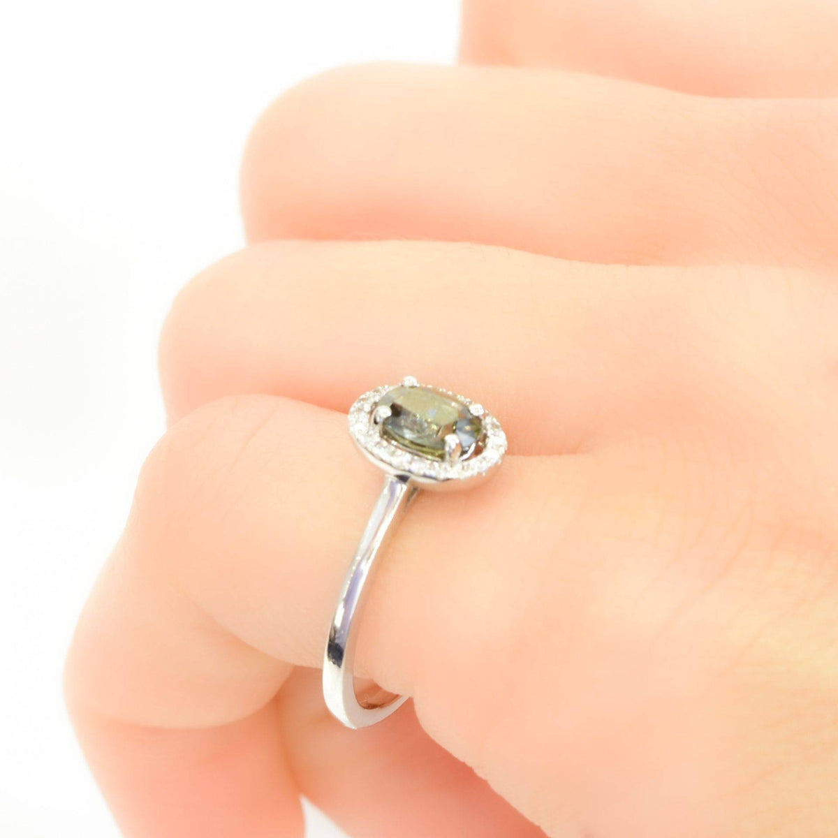 Olive Green Sapphire Halo Ring 18K White Gold