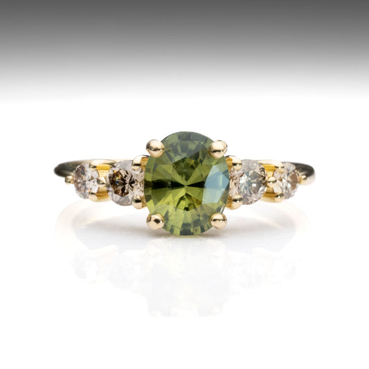front view of Green Sapphire & Argyle Champagne Diamond Ring
