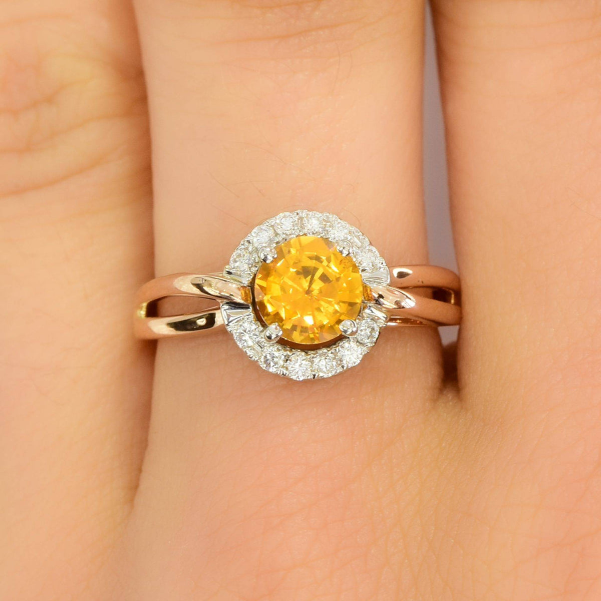 Golden Yellow Sapphire Dimond Halo Ring 18ct Gold