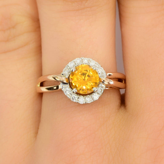 Golden Yellow Sapphire Dimond Halo Ring 18ct Gold
