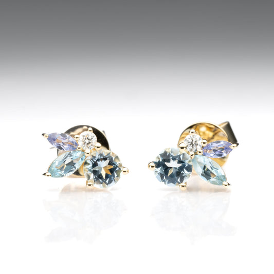 Front view of Aquamarine, Topaz & Tanzanite Diamond Earrings 