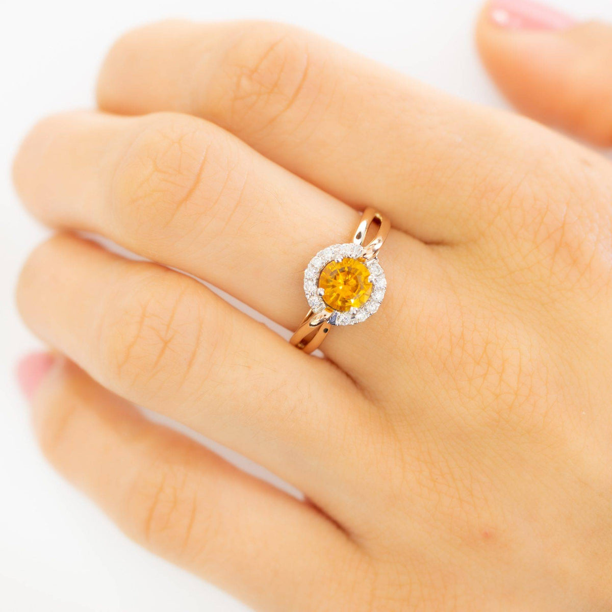 Golden Yellow Sapphire Dimond Halo Ring 18ct Gold