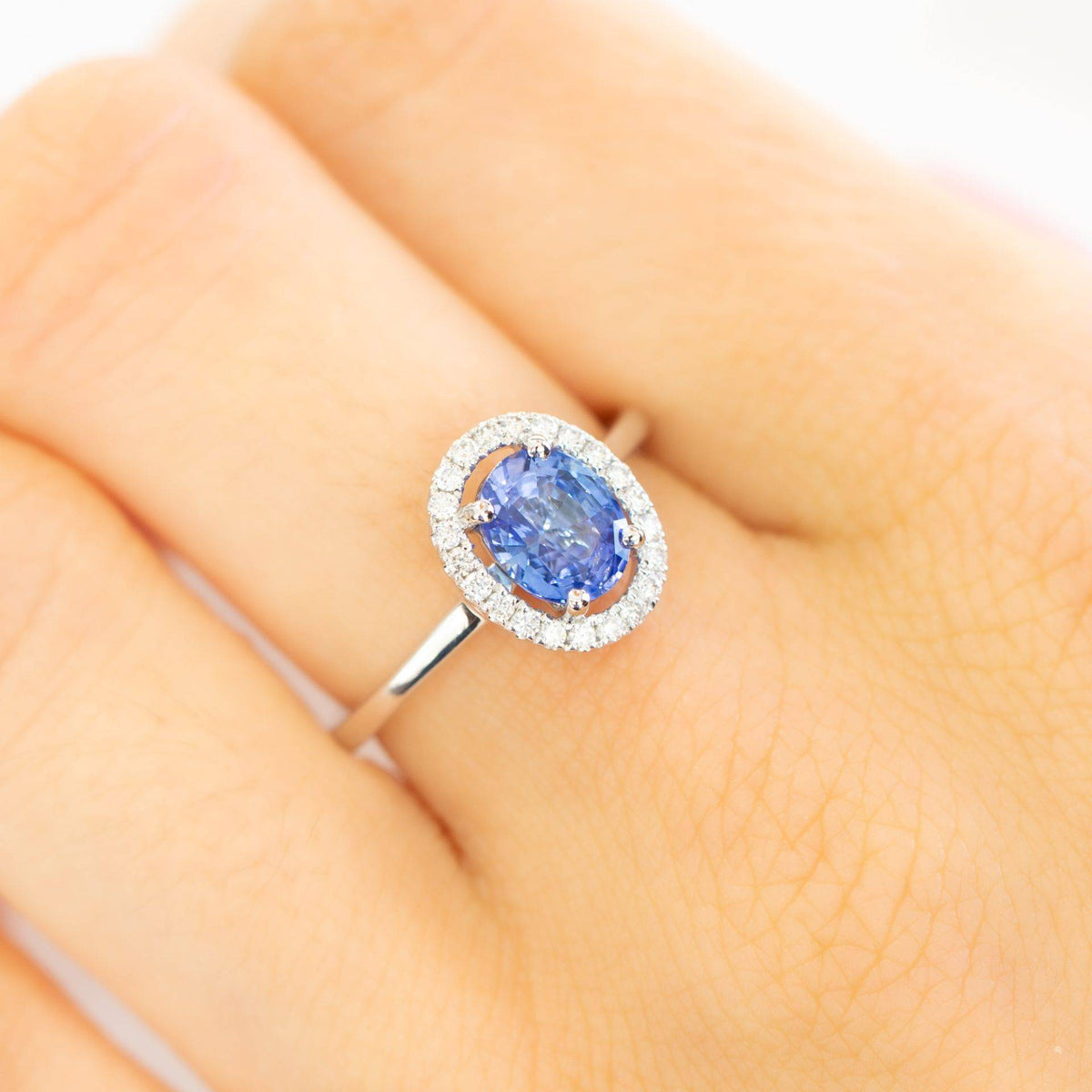 1.51ct Ceylon Sapphire Diamond Halo Ring - Cornflower Blue Sapphire