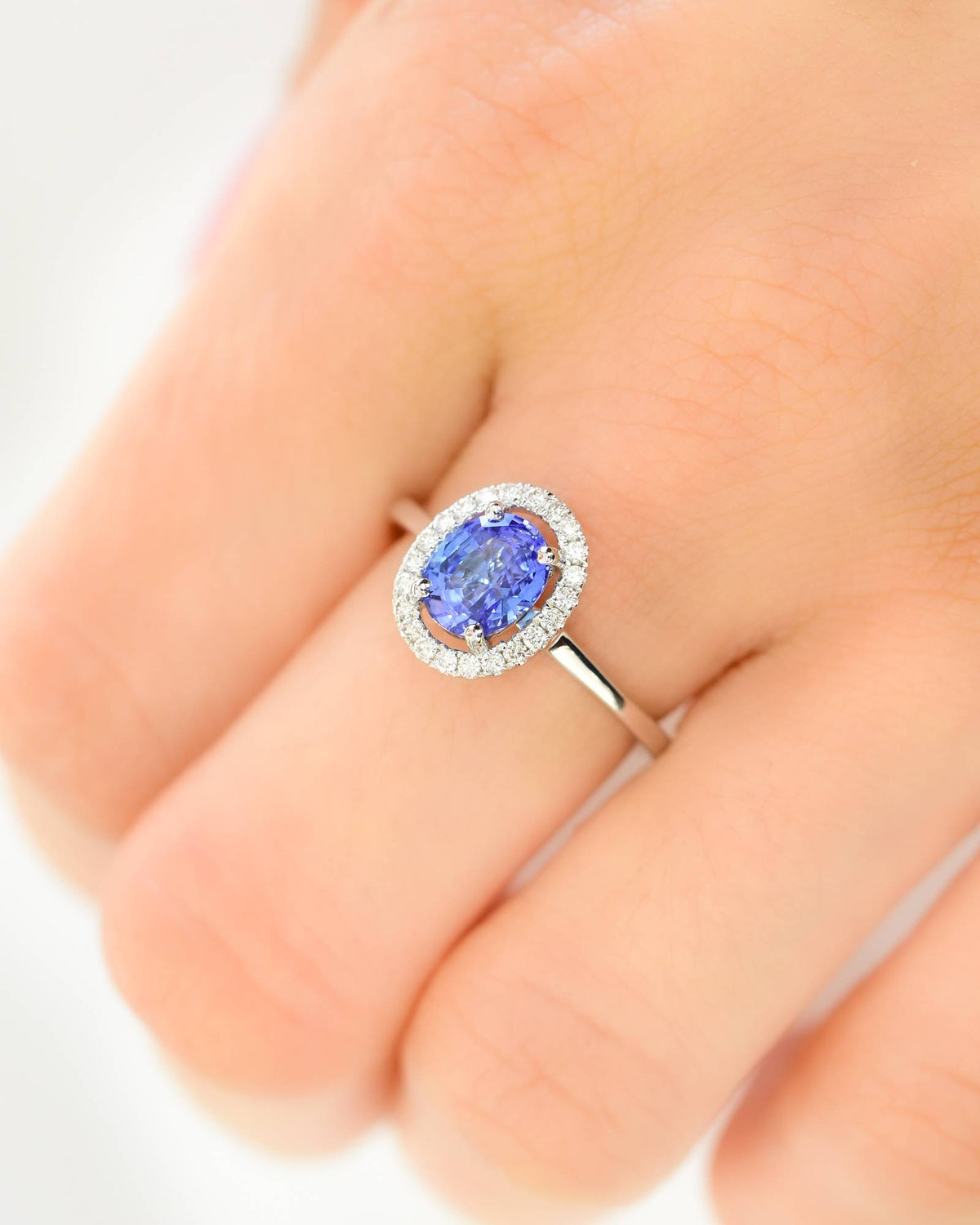 1.51ct Ceylon Sapphire Diamond Halo Ring - Cornflower Blue Sapphire