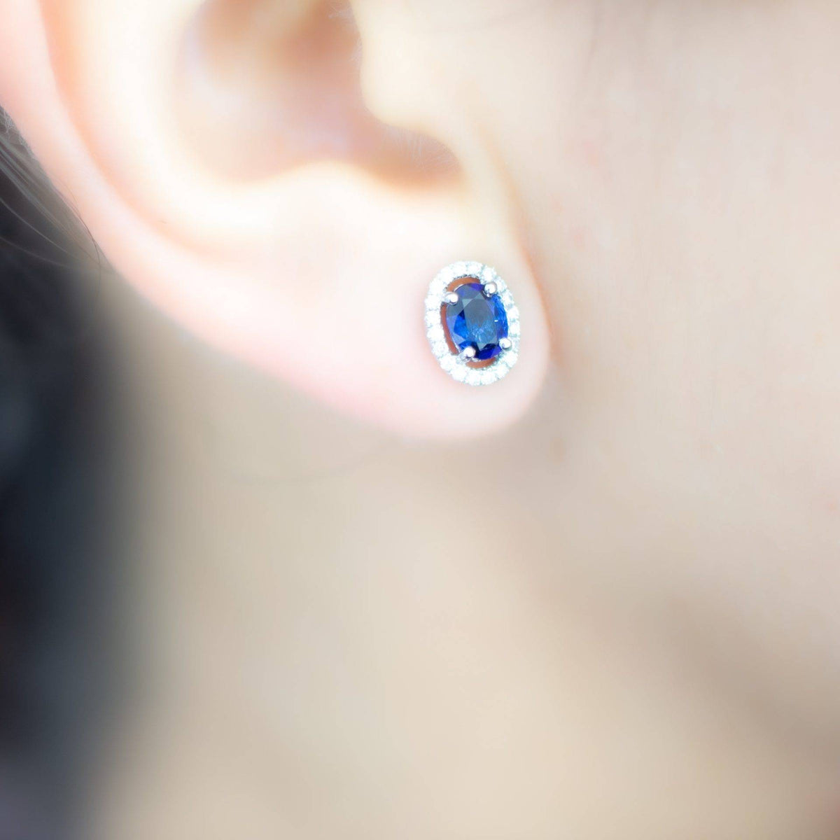 Sapphire & Diamond Halo Stud Earrings in 18K White Gold